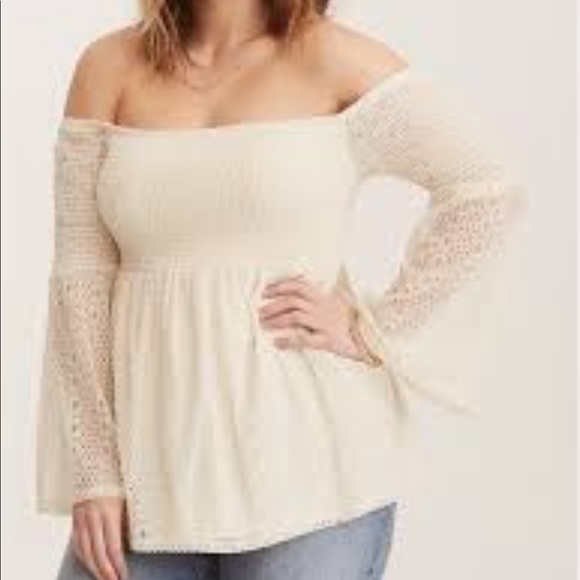 Torrid Ivory Smocked Off Shoulder Lace Top - Picture 11 of 11